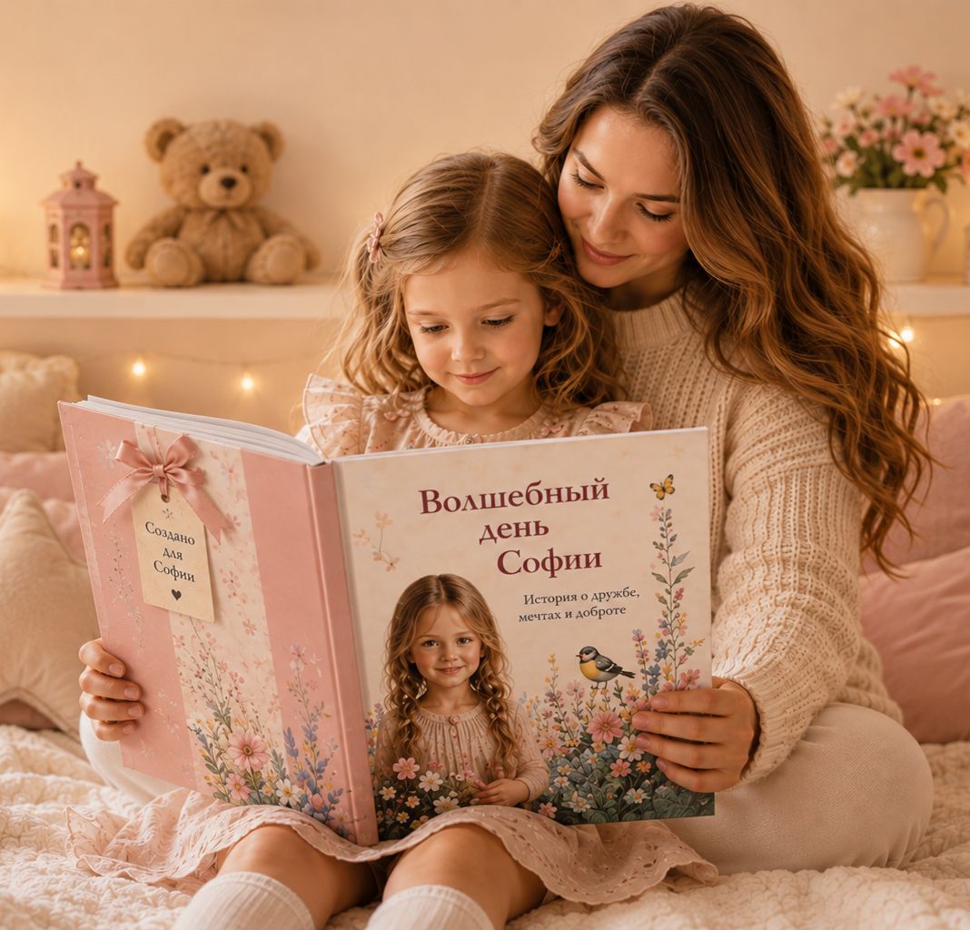 Ребёнок читает персональную книгу со своим именем