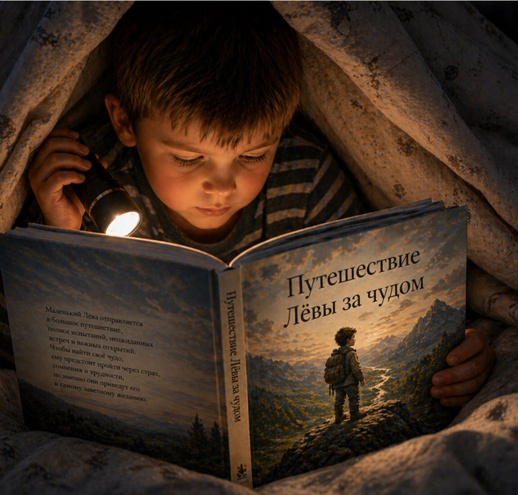 Мальчик читает книгу с фонариком под одеялом